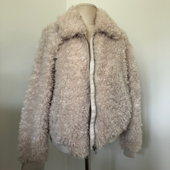 H&M Divided Jacket Womens Medium Cream Sherpa Bomber Faux Fur Teddy Bear New - Picture 8 of 13